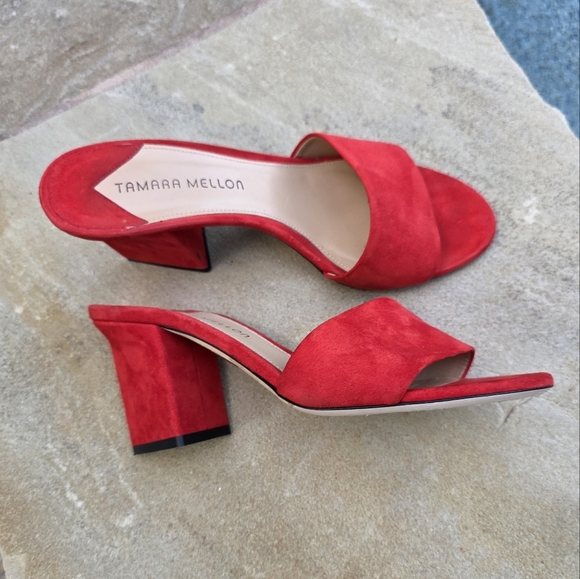 TAMARA MELLON ROCHE RED SUEDE SLIDES WITH WRAPPPED TRIANGLE HEEL - Picture 6 of 13